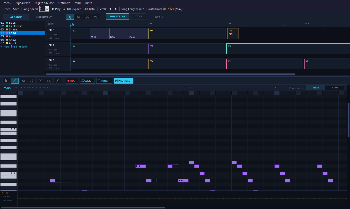 The DAW view: three channel lanes in Arrange, and the lead pattern open in the piano roll