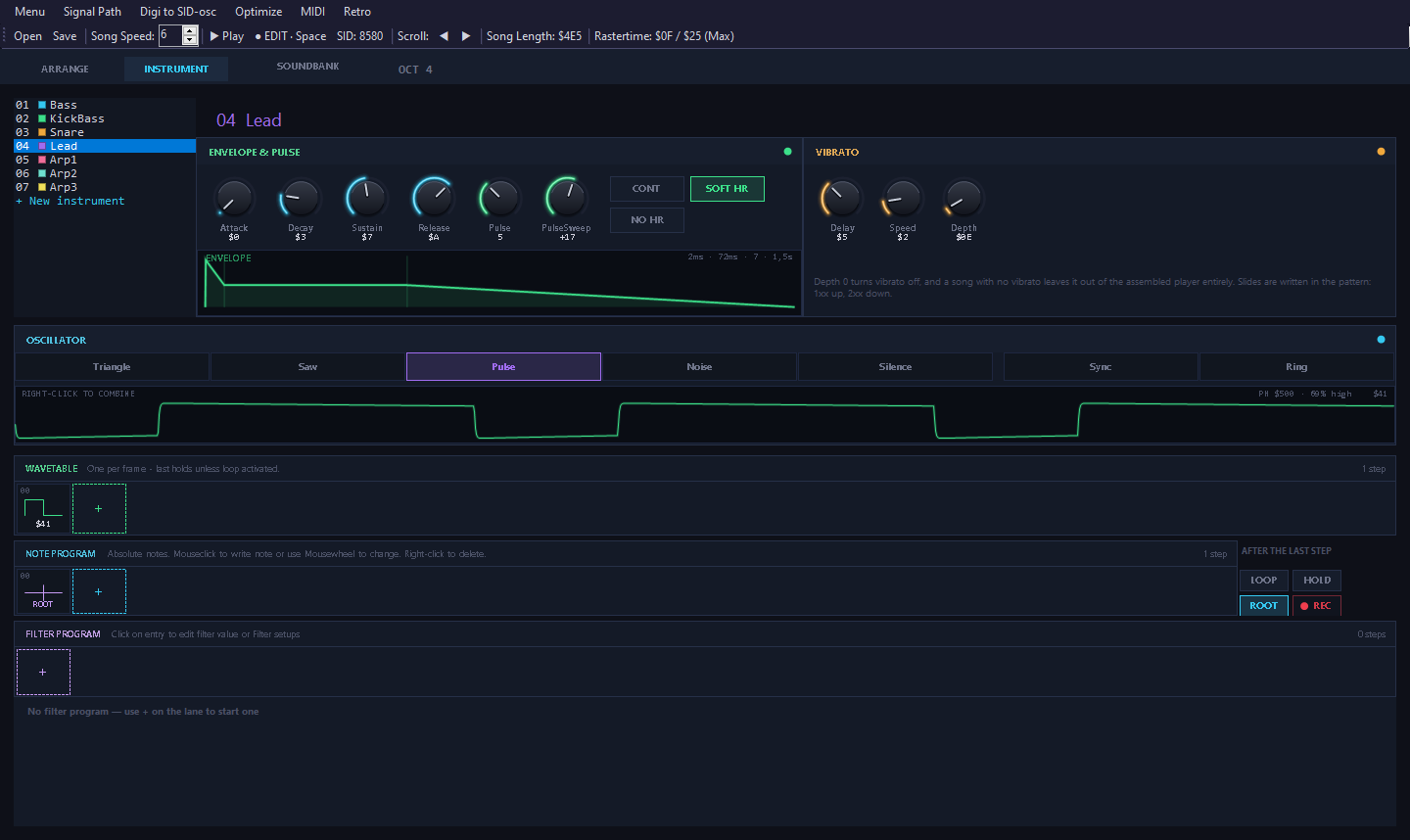The DAW instrument page: oscillator, envelope, vibrato, and the wave, note and filter programs