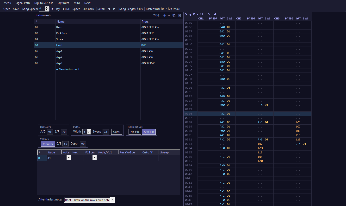 The Retro view: instrument list and editor on the left, tracker grid on the right